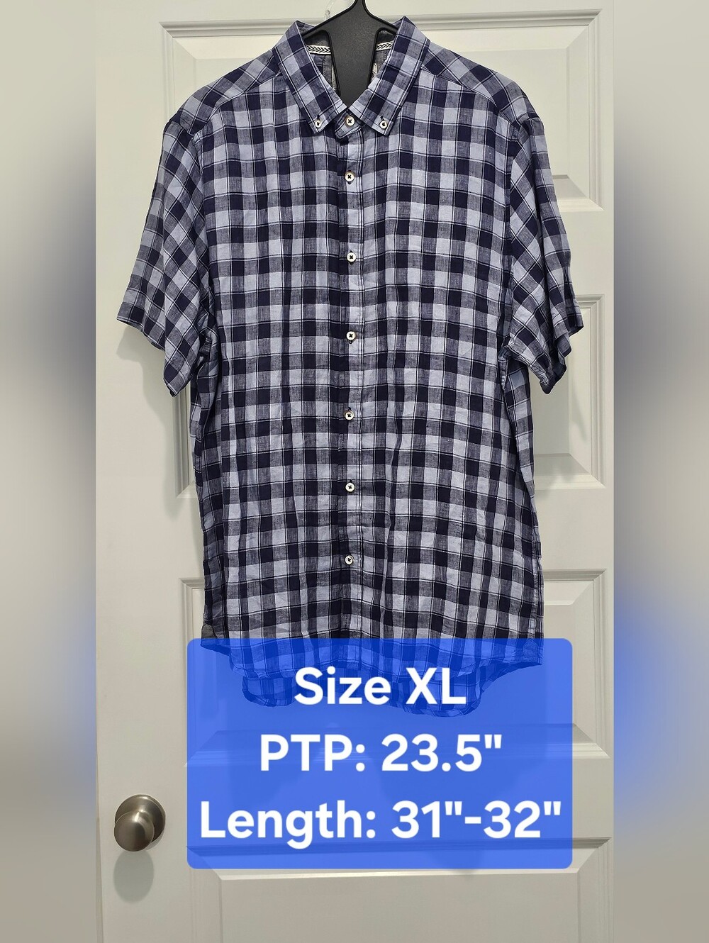 NWT Heritage 1981 100% Linen Shirt XL Navy Blue Plaid Gingham Check